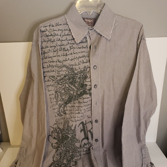 Roar Other - Roar Button Up Shirt - L - Gray with Black lines Long Sleeve - unfinished edging